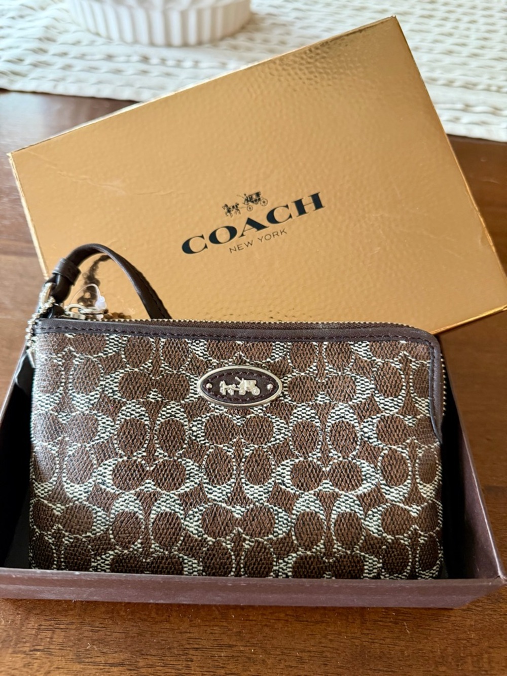 COACH Brown Signature Canvas Wristlet with Leather Trim